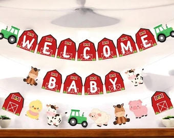 Barnyard Baby Shower Banner – Red Barn “Welcome Baby” Garland with Farm Animals & Tractor, Rustic Farm Theme Party Decor