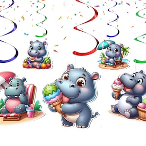 May include: A collection of cartoon hippo cutouts enjoying summer activities. One hippo eats an ice cream cone, another sits on a beach chair under an umbrella, and others enjoy fruit. Colorful streamers and confetti complete the festive scene.