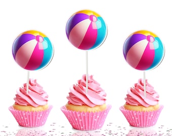 Beach Ball Cupcake Toppers - Set of 10 - Fun Summer Party Decor - Tropical Beach-Themed Cupcake Decorations