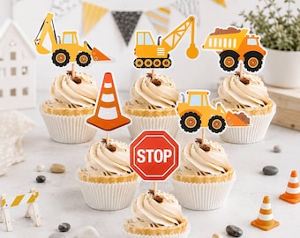10 Construction Cupcake Toppers, Construction Birthday Decorations, Truck Cupcake Picks, Dump Truck Party, Excavator Birthday Decor