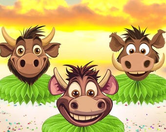 Cartoon Warthog Honeycomb Centerpieces – 5 pcs Safari Table Decorations | Jungle Birthday, Safari Baby Shower, Zoo Theme Party Decor