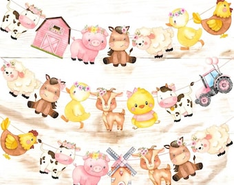 Floral Farm Animal Banner – Watercolor Garland for Baby Shower, Girl’s Birthday, Barnyard Animal Party Decoration