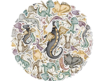 May include: A circular design featuring a variety of colourful dragons in different poses. The dragons are drawn in a watercolour style and have wings, tails, and horns. Some of the dragons are flying, while others are sitting or sleeping. The background is white.