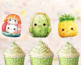 Kawaii Cupcake Toppers Set of 10 – Cute Fruit & Animal Party Picks | Kids Birthday, Baby Shower, Kawaii Theme Party Decorations