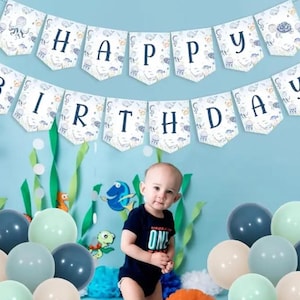 Under the Sea Happy Birthday Banner – Ocean Theme Garland with Sea Animals for Baby Boy’s First Birthday Party or Toddler Celebration