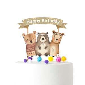 Boho Bears Woodland Animals Birthday Cake Topper for Theme Forest Party Supplies and Decorations