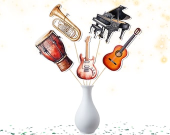 May include: A white vase with five musical instruments sticking out of it. The instruments are a brown and gold guitar, a black and gold grand piano, a brown drum, a gold tuba, and a brown and gold electric guitar.