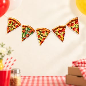 May include: A decorative party banner featuring five triangular pizza slice cutouts strung together. Each slice displays a golden-brown crust and various toppings including red pepperoni, green peppers, and black olives on melted cheese.