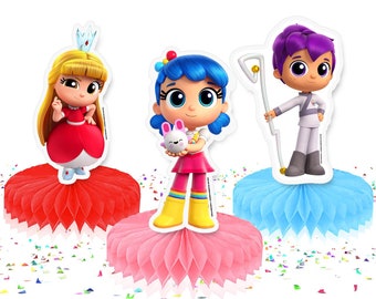 May include: Three colorful paper centerpieces featuring characters from the animated series True and the Rainbow Kingdom. The centerpieces are made of tissue paper and have a honeycomb design. The characters are True, Bartleby, and King  .