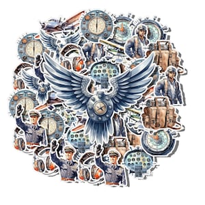 May include: A collage of vintage aviation themed stickers featuring a blue and white eagle with wings spread, a pilot in a leather jacket, and various aircraft parts and instruments.