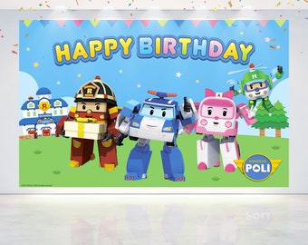 Exciting Cartoon Robocar Poli Backdrop for Boys - Transform Any Celebration into a Robocar Adventure!