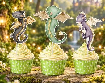 Dragon Cupcake Toppers, Watercolor Fantasy Birthday and Baby Shower Decorations