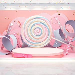 May include: A pink and white swirl lollipop with a pink, white, and blue striped candy cane, a pink and white striped candy cane, and a light blue ribbon on a pink and white platform. The background is pink with white confetti.