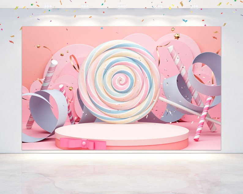 May include: A pink and white swirl lollipop with a pink, white, and blue striped candy cane, a pink and white striped candy cane, and a light blue ribbon on a pink and white platform. The background is pink with white confetti.