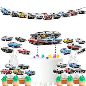 May include: A set of 12 cupcake toppers featuring various muscle cars in different colors, including red, blue, black, and yellow. The toppers are perfect for a car-themed party or celebration.