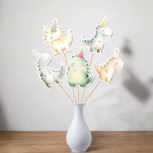 Dinosaur Table Centerpieces – 5 PCS Watercolor Dino Sticks with Party Hats – Cute Dino Birthday or Baby Shower Decor