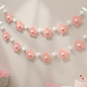 Pink Flower and Pom Pom Garland – Baby Shower, Birthday, and Nursery Decor Banner