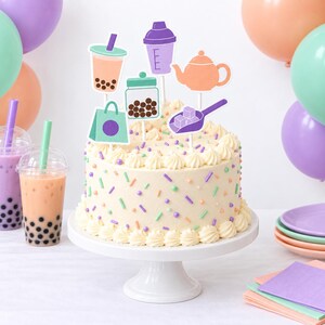 Boba Birthday Cake Decorations, Bubble Tea Cup Pearl Jar Teapot Toppers, Purple Mint Peach Cardstock Milk Tea Party Picks