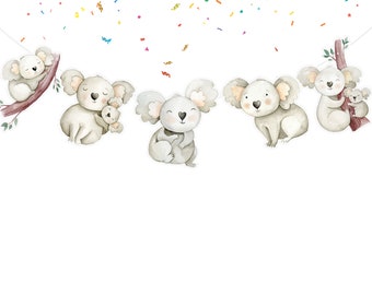 May include: A garland of five watercolor koala bears, each with a different pose, including a koala holding a baby koala. The garland is decorated with colorful confetti.