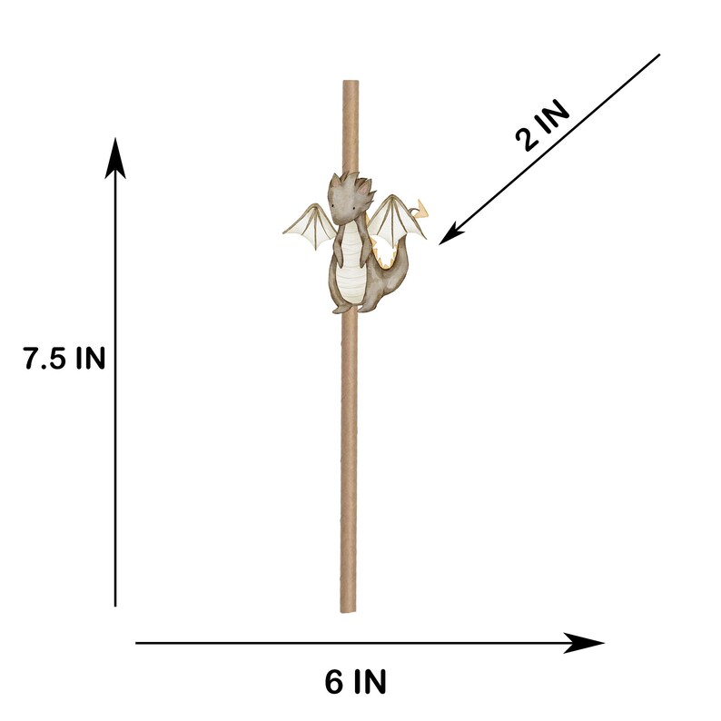 May include: A brown paper straw featuring a small, grey dragon illustration with white wings. The straw measures 7.5 inches in height, while the dragon figure measures 2 inches in width. The total width of the display area is 6 inches.