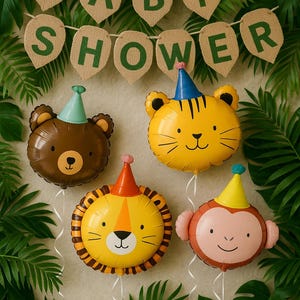 Set de 4 globos de safari en la jungla: gorro de fiesta con león, oso, tigre y mono para decorar cumpleaños infantiles.