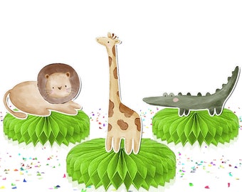 5 stuks jungle dieren doodle thema honingraat decoraties - grillige tafeldecoratie voor babyshower en verjaardagsfeestje