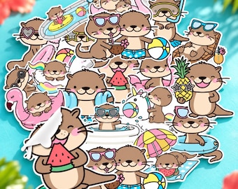May include: A collection of die-cut vinyl stickers featuring brown otters in various summer activities. The otters are shown wearing sunglasses, swimming in pools, holding beach balls, eating watermelon, and relaxing on inflatable floats.