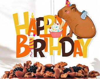 Capybara Birthday Cake Topper – Funny Happy Birthday Party Decoration with Cupcake & Party Hat, Cute Animal Theme Topper
