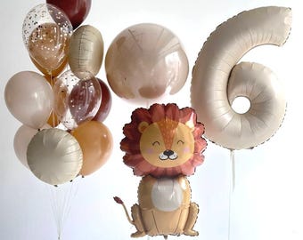 Lion Balloon Set – Beige Brown Safari Balloons for Boy Birthday – Wild One Jungle Party Decor – Gold Confetti Balloons