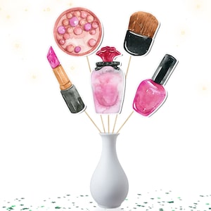 May include: A set of five watercolor illustrations of makeup items, including a lipstick, nail polish, perfume bottle, makeup brush, and a compact of pressed powder. The illustrations are on white paper and are arranged in a vase.