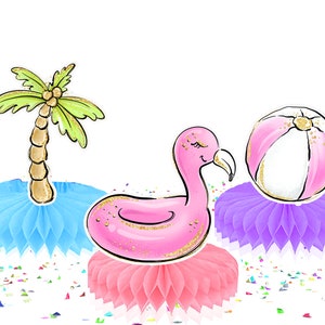 May include: Three pink honeycomb centerpieces with a pink flamingo pool float, a palm tree, and a pink and white beach ball on top. The centerpieces are surrounded by colorful confetti.