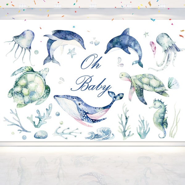 5x3FT Oh Baby Backdrop for Baby Shower Party Decoration. Under The Sea Theme Party Supplies Background for Baby Shower, Whales Photo Banner