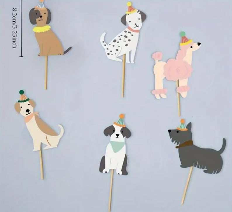 May include: Set of 6 dog-themed cake toppers. Each topper features a different breed of dog wearing a party hat. The dogs are in various colours, including black, white, brown, pink, and grey. The toppers are 8.2 cm or 3.23 inches tall.