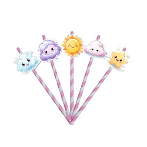 May include: Set of five pink striped straws with cute cartoon toppers. The toppers include a cloud, a sun, a star, and two different clouds with faces.