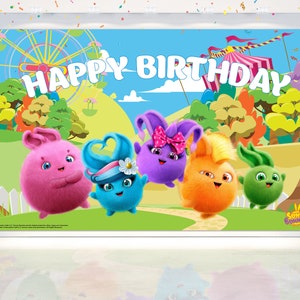 5x3FT Sunny Bunnies Backdrop for Birthday Party Decoration. Sunny Bunnies Background for Birthday . Colorful Cartoon Photo Banner .
