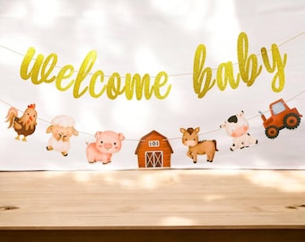 Farm Baby Shower Banner – Welcome Baby Sign with Barnyard Animals, Tractor & Barn, Rustic Farm Themed Party Decor