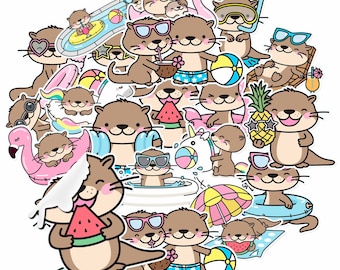 May include: A collection of colorful cartoon otter stickers featuring various summer themes, including swimming, sunbathing, and eating watermelon. The stickers are perfect for adding a touch of whimsy to journals, laptops, water bottles, and more.
