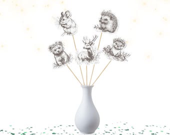 Woodland Animal Centerpieces – 5 pcs Rustic Forest Animal Table Toppers – Vintage Sketch Style Baby Shower or Birthday Party Decorations