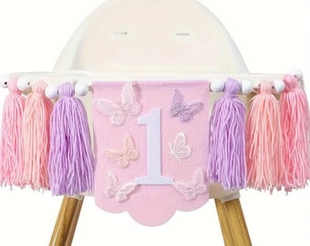 Butterfly-Themed First Birthday Party Banner with Tassel Garland - For Girls - Perfect for Room & High Chair Decor