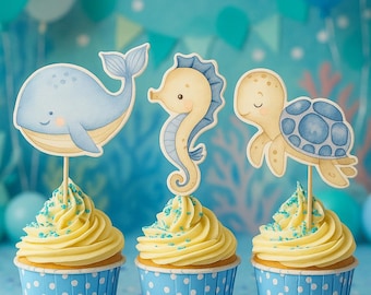 Dive into Ocean Fun Under The Sea Cupcake Toppers - Set of 10 Ocean-Themed Cake Decorations for Beach Parties , Birthdays, Baby Showers.