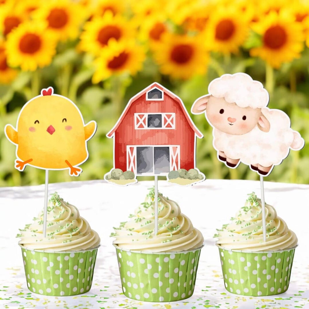 Farm Cupcake Toppers – 10 PCS Barnyard Animal & Tractor Cake Picks ...