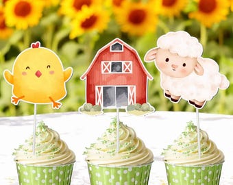Farm Cupcake Toppers – 10 PCS Barnyard Animal & Tractor Cake Picks – Baby Shower or Birthday Party Decorations – Farm Theme Party Supplies