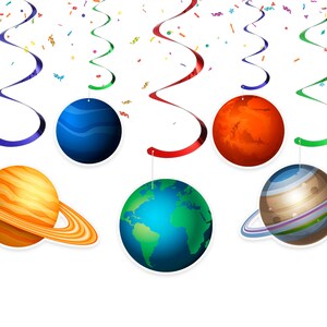 May include: A set of five colorful swirl decorations with planets hanging from them. The planets are Saturn, Earth, Mars, Jupiter, and Neptune.