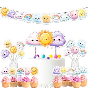 May include: A set of cupcake toppers featuring cartoon clouds, suns, and rainbows. The toppers are perfect for a baby shower or birthday party.
