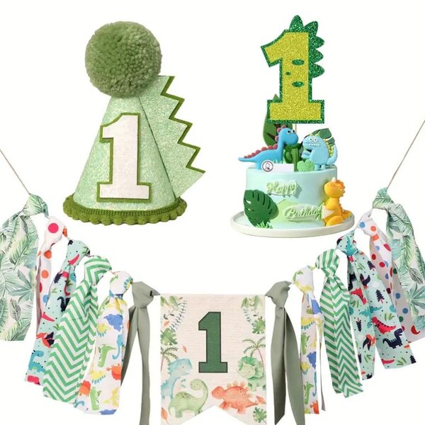 Dinosaur 1st Birthday Party Kit - Handmade Jungle Dino Decor for Boys and Girls, First Birthday Party Supplies