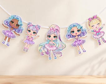 Pastel Doll Birthday Banner, Colorful Doll Garland with Pink and Purple Dresses for Girls Party Decorations