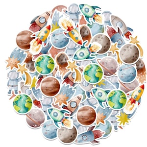 May include: A collection of colorful, illustrated stickers featuring planets, astronauts, and rockets. The stickers are perfect for adding a whimsical touch to any project.