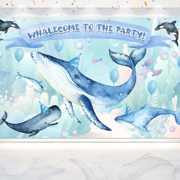 Whalecome to the Party! Blue Whale Birthday Backdrop 5x3 FT - Joyful Sea Celebration Background
