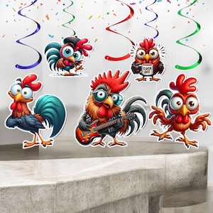 Funny Rooster Hanging Swirl Decorations – 10 pcs Farm Chicken Party Streamers – Rock & Roll Rooster Cardstock Cutouts