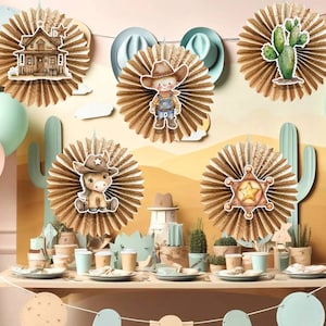 5 Pcs Cowboy Tissue Hanging Fans Set, 12-Inch, Ideal for Western-Themed Birthday Parties & Baby Showers
